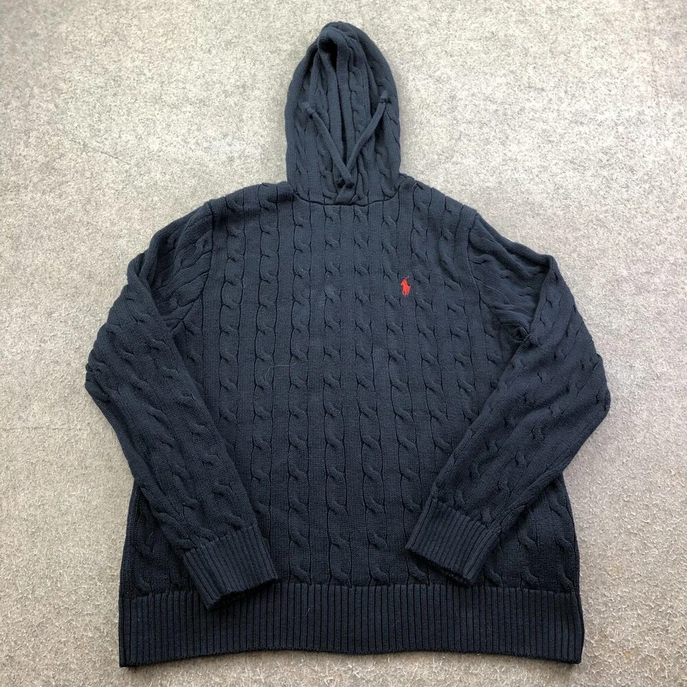Polo Ralph Lauren Sweater Mens Large Blue Cable Knit Hooded Pullover Logo